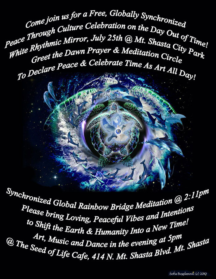 [Event Flier: Day Time Celebration at Mt. Shasta City Park - Evening Music at 5pm at The Seed of Life Cafe, 414 N Mt Shasta Blvd]