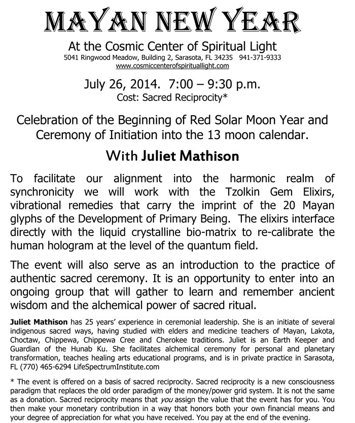 Flyer for "Mayan New Year" in Sarasota, Florida, USA